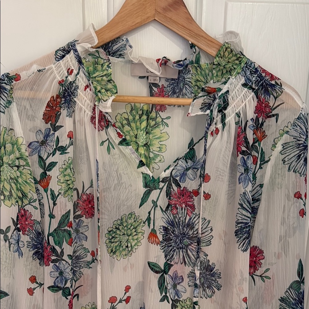 LOFT Blue and Red Long Sleeve Tie Front Blouse - Picture 2 of 6